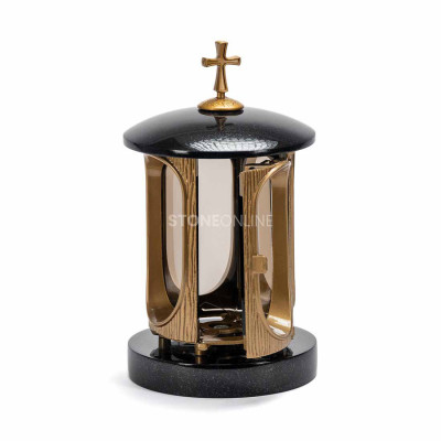 Grablampe mit goldenem Kreuz StoneOnline – elegante Grabdekoration.