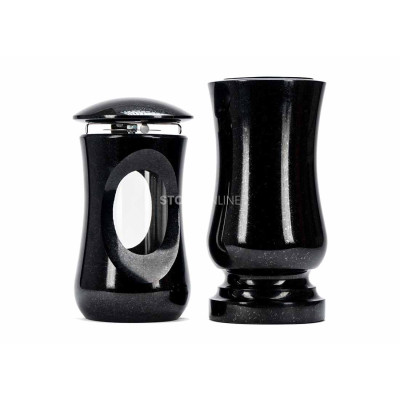 Zier-Set aus Granit fürs Grab – elegante Glaskörper-Laterne mit zeitloser Blumen­vase StoneOnline.