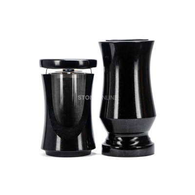 Edles Granit-Set LUNIQUE15 + WTRENDY15 – Zierlaterne und schlanke Friedhofsvase StoneOnline.