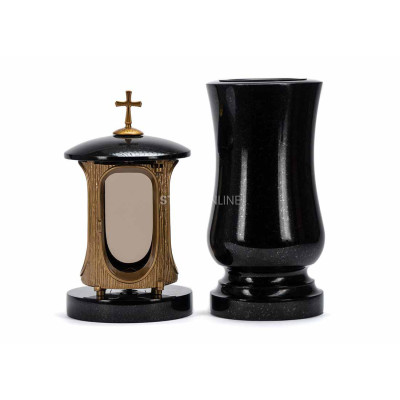 Edles Granit-Set LALUMCROSSGOLD + WSTANDARD15 – goldene Laterne mit Kreuz und klassische Vase StoneOnline.