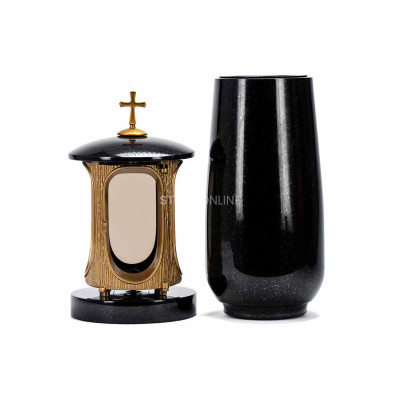 Edles Granit-Set LALUMCROSSGOLD + WBASIC15 – goldene Laterne mit Kreuz und hohe Blumenvase.