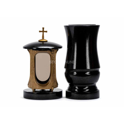Edles Granit-Set LALUMCROSSGOLD + WMODERN15 – goldene Laterne mit Kreuz und moderne Vase StoneOnline.
