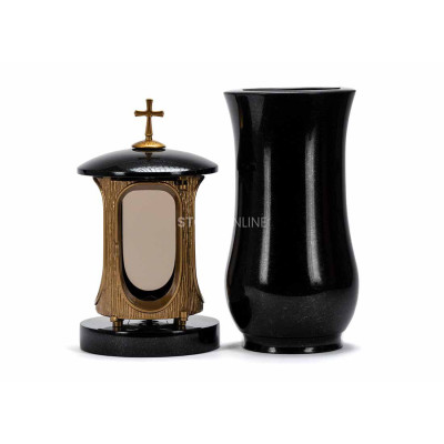 Edles Granit-Set LALUMCROSSGOLD + WCLASSIC15 – goldene Laterne mit Kreuz und klassische Vase StoneOnline.