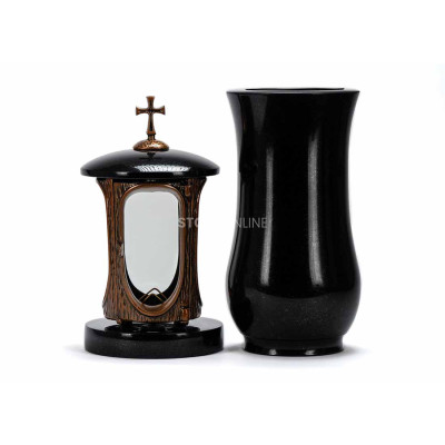 Edles Granit-Set LALUMCROSSCOPPER + WCLASSIC15 – kupferne Laterne mit Kreuz und klassische Vase StoneOnline.