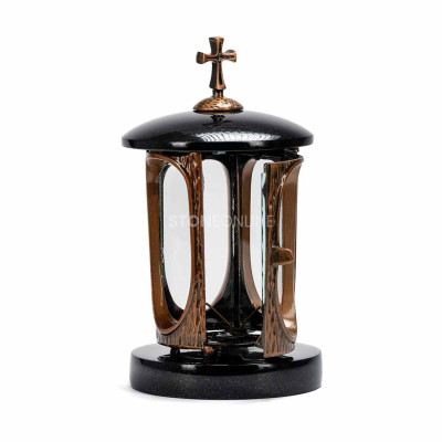 Exklusives Friedhofsset – Zierlaterne LALUMCROSSCOPPER und moderne Vase aus poliertem Granit.