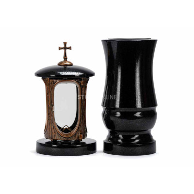 Edles Granit-Set LALUMCROSSCOPPER + WMODERN15 – kupferne Laterne mit Kreuz und moderne Vase StoneOnline.