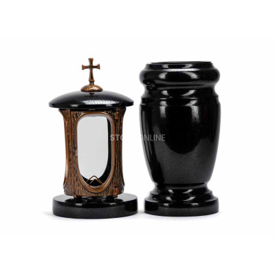 Edles Granit-Set LALUMCROSSCOPPER + WELEGANT15 – kupferne Laterne mit Kreuz und elegante Vase StoneOnline.