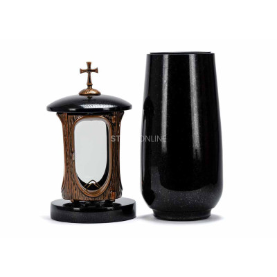 Edles Granit-Set LALUMCROSSCOPPER + WBASIC15 – kupferne Laterne mit Kreuz und hohe Blumenvase.