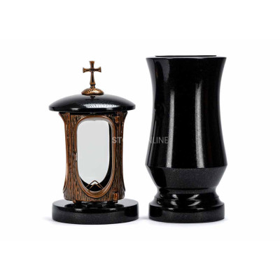 Edles Granit-Set LALUMCROSSCOPPER + WTRENDY15 – kupferne Laterne mit Kreuz und schlanke Vase StoneOnline.
