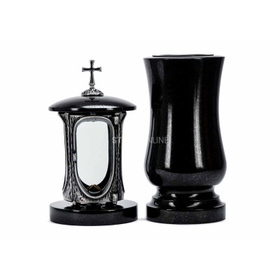 Edles Granit-Set LALUMCROSSSILVER + WSTANDARD15 – silberne Laterne mit Kreuz und klassische Vase StoneOnline.