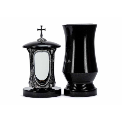 Edles Granit-Set LALUMCROSSSILVER + WTRENDY15 – silberne Laterne mit Kreuz und schlanke Vase StoneOnline.