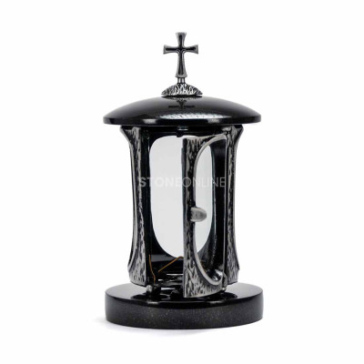 Modernes Grabset für den Friedhof – Grablaterne LALUMCROSSSILVER und hohe Vase WBASIC15 für größere Sträuße.