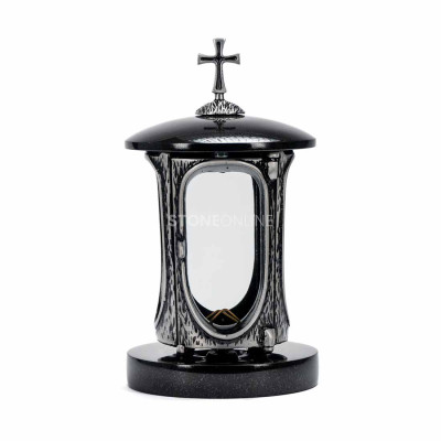 Dauerhaftes Set aus Naturgranit für den Friedhof – silberne Laterne für Kerze und solide Vase für lange Blumen.