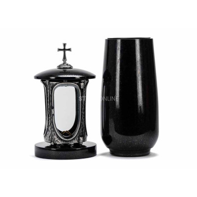 Edles Granit-Set LALUMCROSSSILVER + WBASIC15 – silberne Laterne mit Kreuz und hohe Blumenvase.