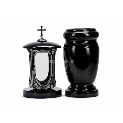 Edles Granit-Set LALUMCROSSSILVER + WELEGANT15 – silberne Laterne mit Kreuz und elegante Vase StoneOnline.