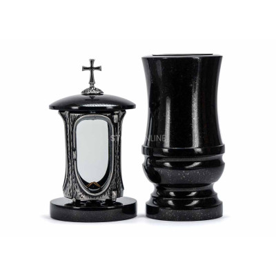 Edles Granit-Set LALUMCROSSSILVER + WDELUX15 – silberne Laterne mit Kreuz und Zier-Vase StoneOnline.