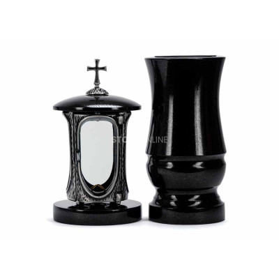 Modernes Granitset für den Friedhof LALUMCROSSSILVER + WMODERN15 – silberne Laterne mit Kreuz und stilvolle Vase StoneOnline.