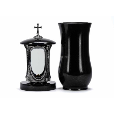 Edles Granit-Set LALUMCROSSSILVER + WCLASSIC15 – silberne Laterne mit Kreuz und klassische Vase StoneOnline.