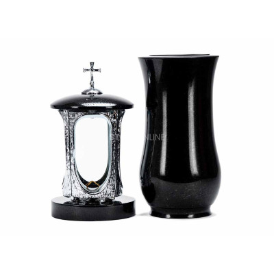 Modernes Granitset für den Friedhof LALUMCROSSINOX + WCLASSIC15 – INOX-Laterne mit Kreuz und klassische Vase StoneOnline.