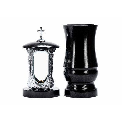 Modernes Granitset für den Friedhof LALUMCROSSINOX + WMODERN15 – Chromlaterne mit Kreuz und stilvolle Vase StoneOnline.