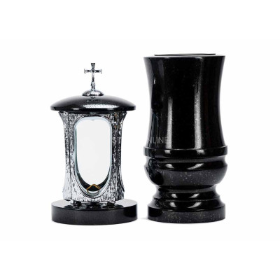 Elegantes Granitset für den Friedhof LALUMCROSSINOX + WDELUX15 – INOX-Laterne und Zier-Vase StoneOnline.