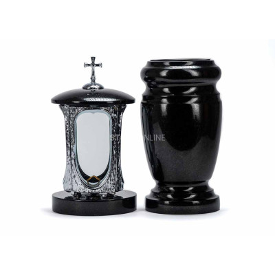 Edles Granit-Set LALUMCROSSINOX + WELEGANT15 – moderne INOX-Laterne und elegante Vase StoneOnline.