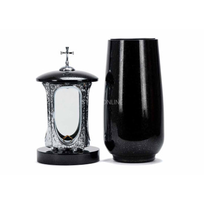 Modernes Granitset für den Friedhof LALUMCROSSINOX + WBASIC15 – Chromlaterne mit Kreuz und hohe Vase StoneOnline.