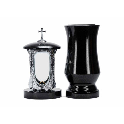 Modernes Granitset für den Friedhof LALUMCROSSINOX + WTRENDY15 – Chromlaterne mit Kreuz und schlanke Vase StoneOnline.