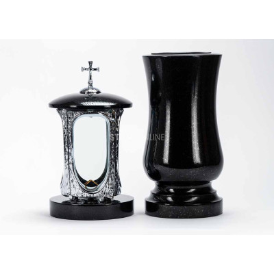 Edles Granit-Set LALUMCROSSINOX + WSTANDARD15 – verchromte Laterne mit Kreuz und klassische Vase StoneOnline.
