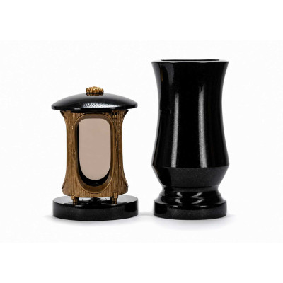 Granit-Set Friedhof LALUMROSETTEGOLD + WTRENDY15 – goldene Grablaterne mit Rosette und schlanke Vase StoneOnline.