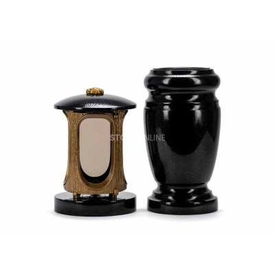 Granit-Set Friedhof LALUMROSETTEGOLD + WELEGANT15 – goldene Grablaterne mit Rosette und elegante Vase StoneOnline.