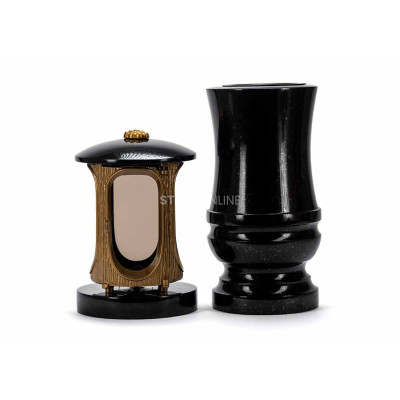 Edles Granit-Set LALUMROSETTEGOLD + WDELUX15 – goldene Laterne mit Rosette und Zier-Vase StoneOnline.