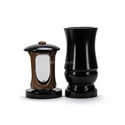 Modernes Granitset für den Friedhof LALUMROSETTECOPPER + WMODERN15 – Laterne mit Kupferrosette und stilvolle Vase StoneOnline.