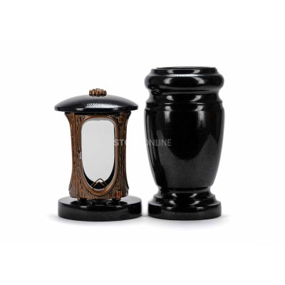 Edles Granit-Set LALUMROSETTECOPPER + WELEGANT15 – Laterne mit Kupferrosette und elegante Blumenvase.
