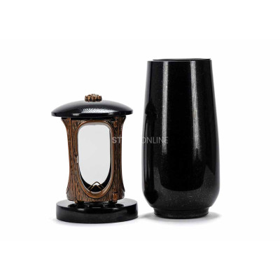 Edles Granit-Set LALUMROSETTECOPPER + WBASIC15 – Laterne mit Kupferrosette und hohe Blumenvase.