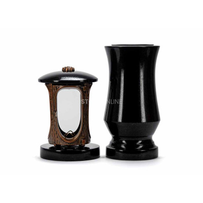 Edles Granit-Set LALUMROSETTECOPPER + WTRENDY15 – Laterne mit Kupferrosette und schlanke Blumenvase.