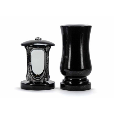 Granitset LALUMROSETTESILVER + WSTANDARD15 für den Friedhof – silberne Grablaterne mit Rosette und klassische Vase, StoneOnline.