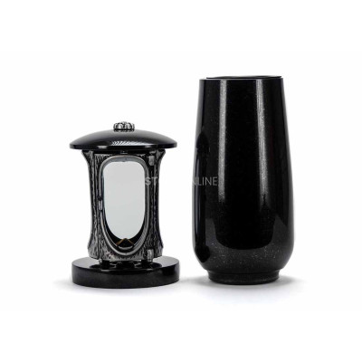 Granit-Set Friedhof LALUMROSETTESILVER + WBASIC15 – silberne Grablaterne für Grablicht und hohe Blumenvase.