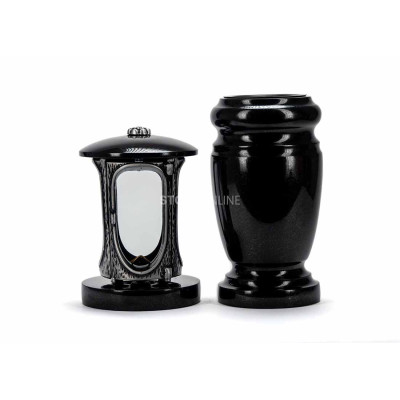 Granit-Set Friedhof LALUMROSETTESILVER + WELEGANT15 – silberne Grablaterne für Grablicht und elegante Blumenvase.