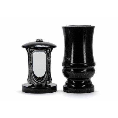 Granit-Set Friedhof LALUMROSETTESILVER + WDELUX15 – silberne Grablaterne für Grablicht und elegante Blumenvase.