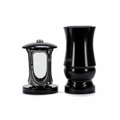 Modernes Granitset für den Friedhof LALUMROSETTESILVER + WMODERN15 – silberne Laterne für Grablicht und stilvolle Blumenvase.