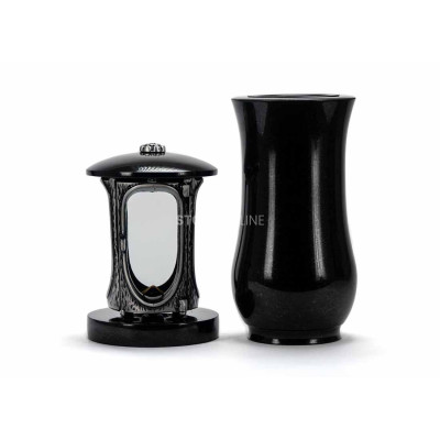 Granit-Set Friedhof LALUMROSETTESILVER + WCLASSIC15 – silberne Grablaterne für Grablicht und klassische Blumenvase.
