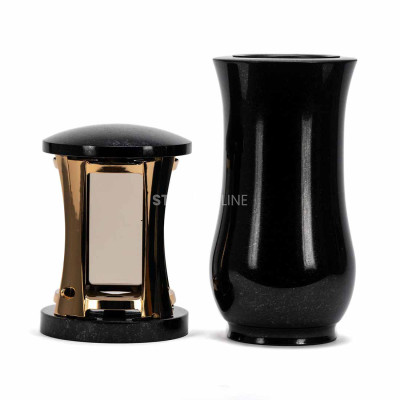 Granit-Set Friedhof MIRROW ROUND GOLD + WCLASSIC15 – goldene Laterne mit Spiegeleffekt und Vase StoneOnline.