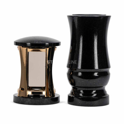 Modernes Granitset für den Friedhof MIRROW ROUND GOLD + WMODERN15 – goldene Laterne und Blumenvase. StoneOnline