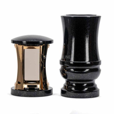 Granit-Set Friedhof MIRROW ROUND GOLD + WDELUX15 – goldene Laterne mit Spiegeleffekt und elegante Blumenvase.