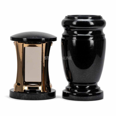 Granit-Set Friedhof MIRROW ROUND GOLD + WELEGANT15 – goldene Laterne mit Spiegeleffekt und elegante Blumenvase.