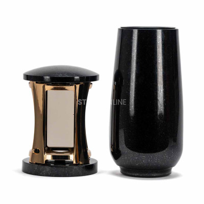 Granit-Set Friedhof MIRROW ROUND GOLD + WBASIC15 – goldene Laterne mit Spiegeleffekt und hohe Blumenvase.