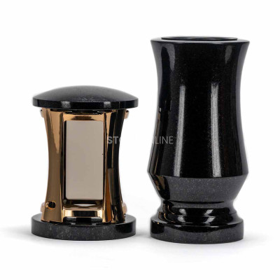 Granit-Set Friedhof MIRROW ROUND GOLD + WTRENDY15 – goldene Laterne mit Spiegeleffekt und schlanke Blumenvase.