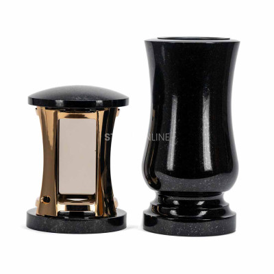 Granit-Set Friedhof MIRROW ROUND GOLD + WSTANDARD15 – goldene Grablaterne und klassische Blumenvase.