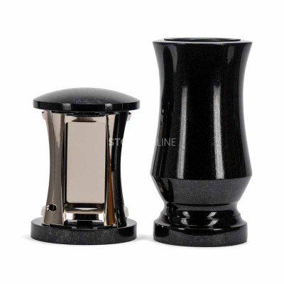 Modernes Set für den Friedhof MIRROW ROUND SILVER + WTRENDY15 – silberne Laterne und schlanke Blumenvase.